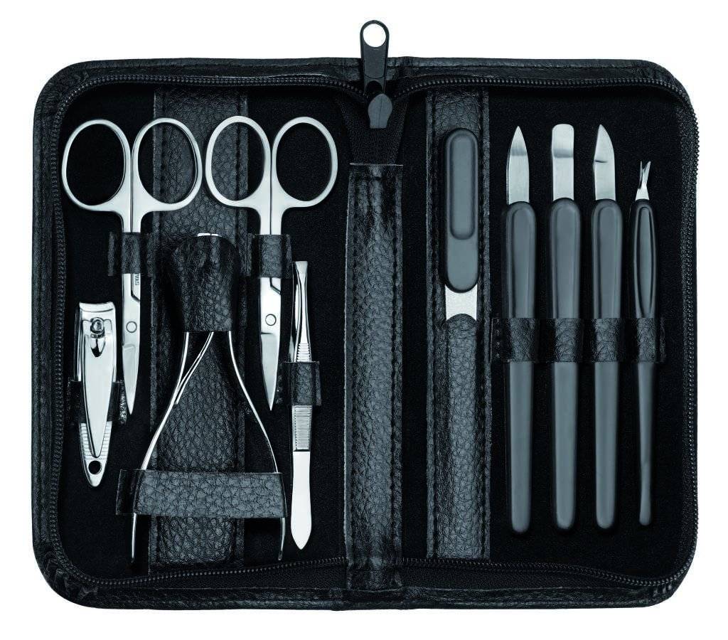 Nageletui Manikre-Pedikre-Set 10-teilig aus schwarzem Leder mit Reiverschluss